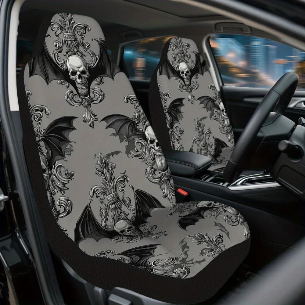 2pcs Halloween Skull And Bat Print Car Seat Covers – Fit For Most Cars, Trucks, Vans, And SUVs | Durable Front Seat Protectors