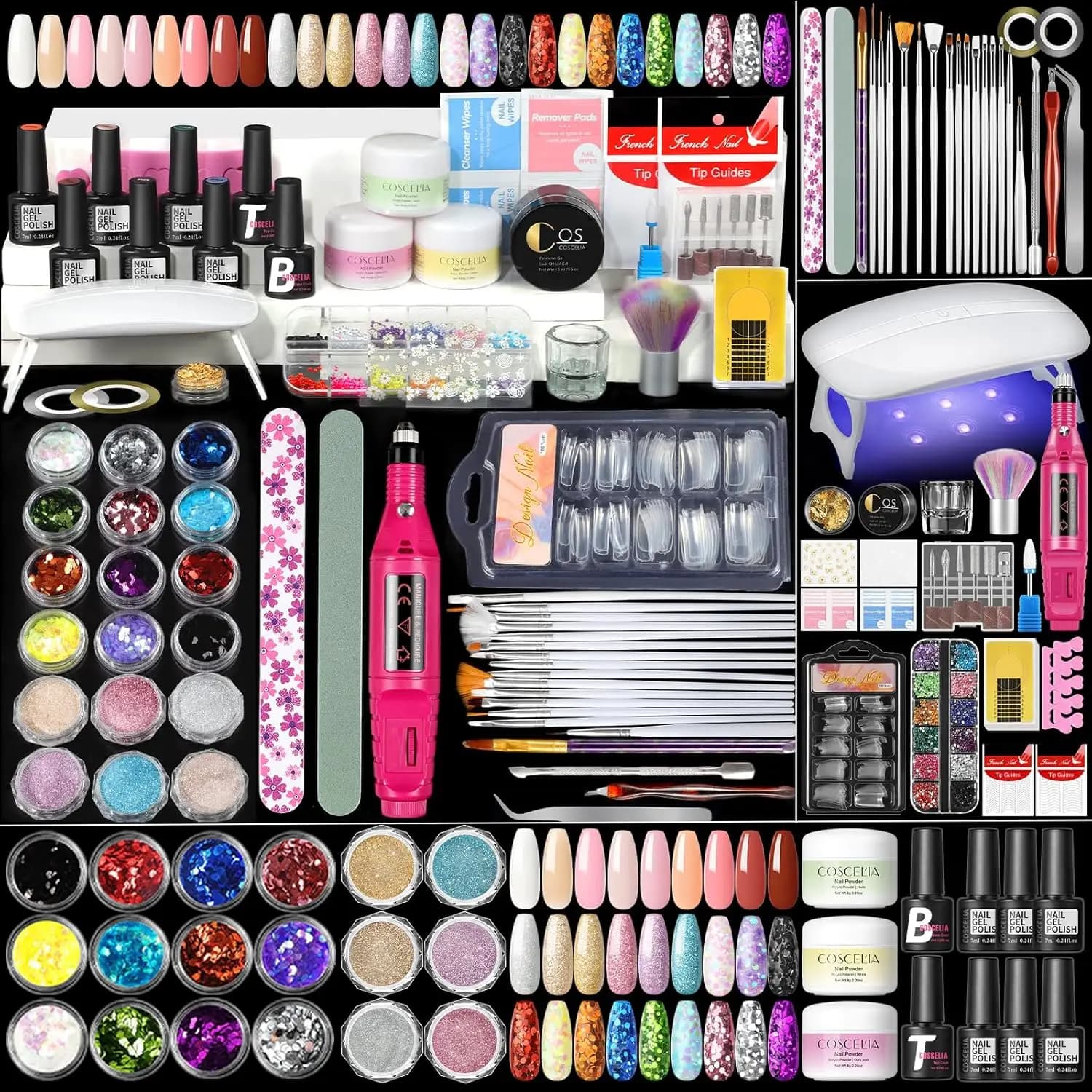 Kit Completo per Unghie Acriliche per Principianti con 6 Polveri, 18 Smalti Gel, Glitter, Trapano e Lampada - Regalo Perfetto