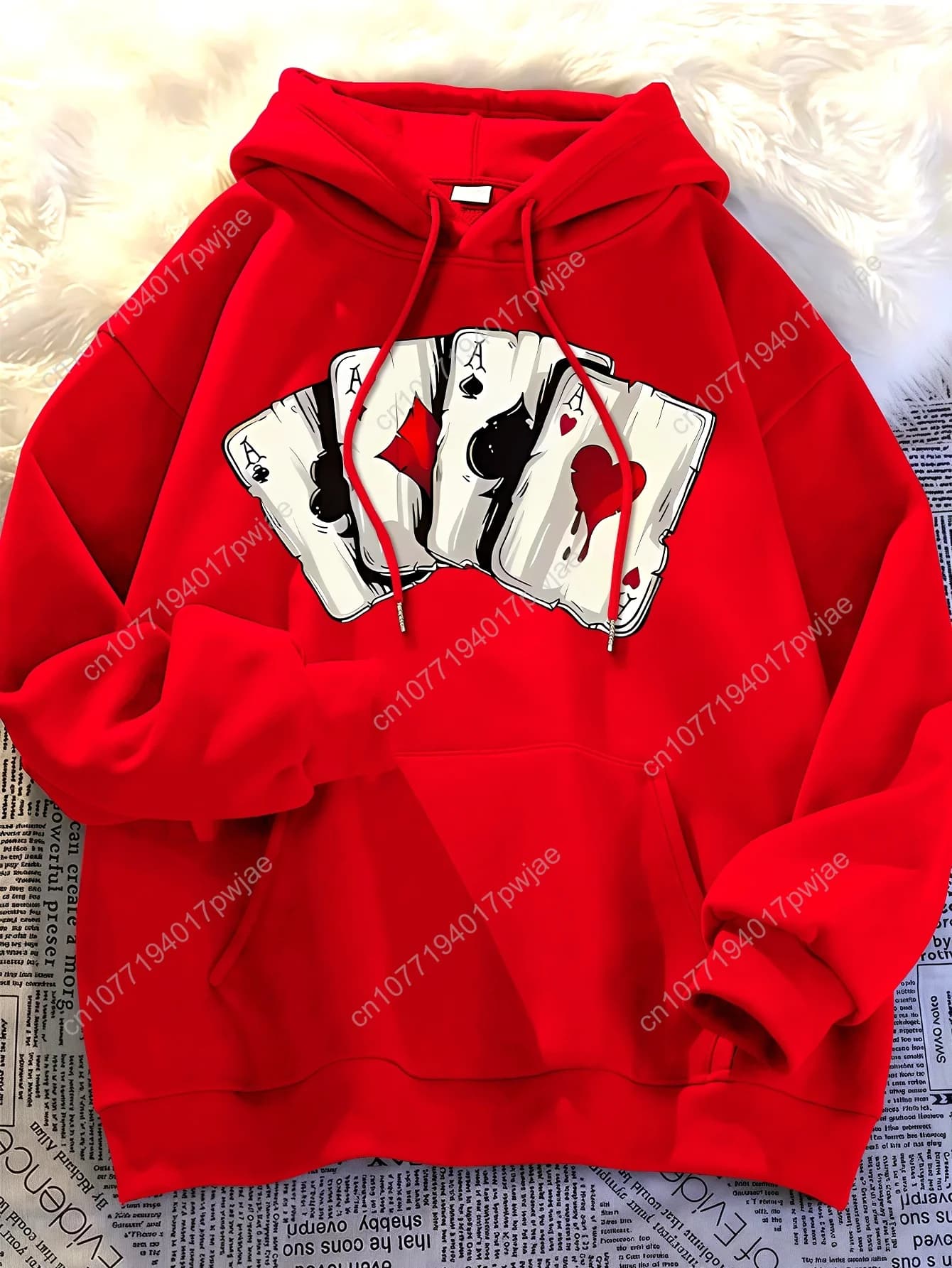 [Felpa con Cappuccio Poker Trendy] Felpa Casual da Uomo - Nera con Grafica Carte da Poker Rosse e Bianche - Felpa Invernale - Taglia Regolare