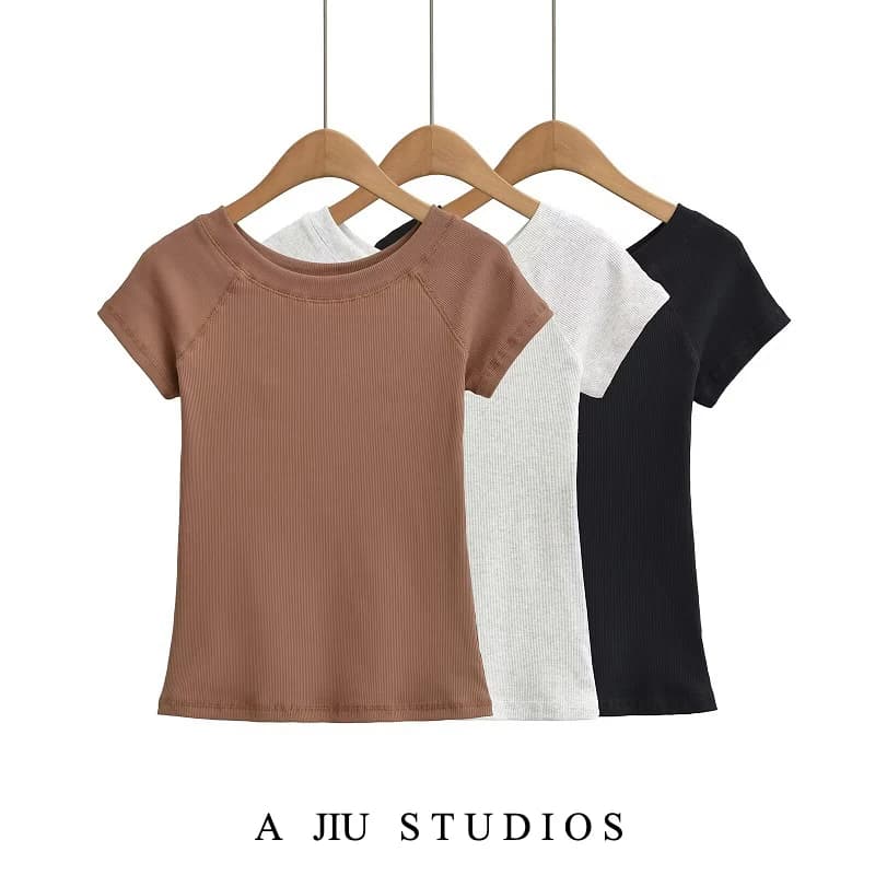 T-shirt da donna a maniche corte con scollo rotondo stile americano BM, a cinque fili e tre aghi, con vita elasticizzata, top estivo snellente