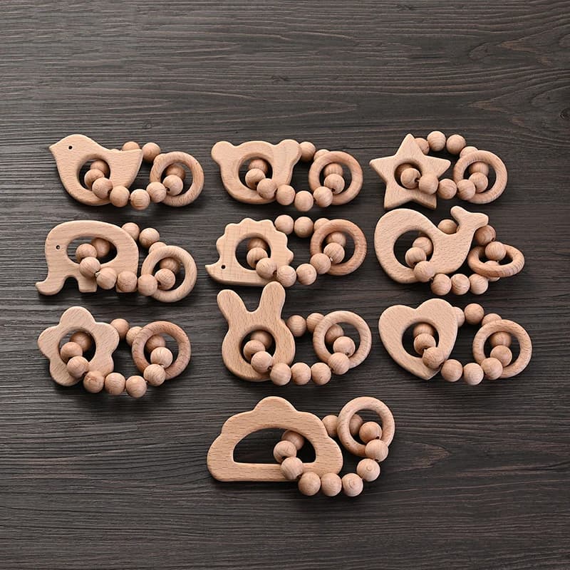 1 pz bambino anello massaggiagengive in legno commestibile cartone animato animale sonaglio braccialetto per perline rotonde in legno braccialetto per bambini giocattoli per la cura della dentizione