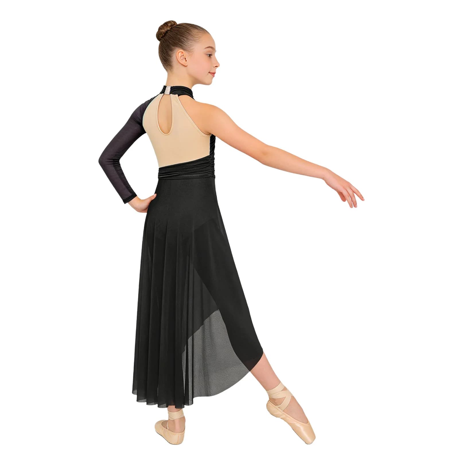 Vestito da ballo lirico contemporaneo per ragazze, monospalla con applicazioni in rete trasparente, per balletto, pattinaggio artistico e ginnastica artistica
