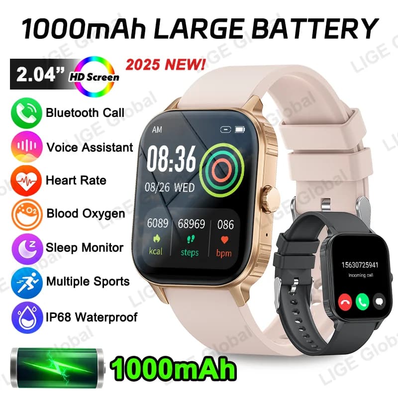 LIGE Nuovo 1000mAh Batteria Chiamate vocali Smart Watch Donna 2.04 "HD Grande schermo Cardiofrequenzimetro Ossigeno nel sangue Smartwatch Uomo 100+ Sport