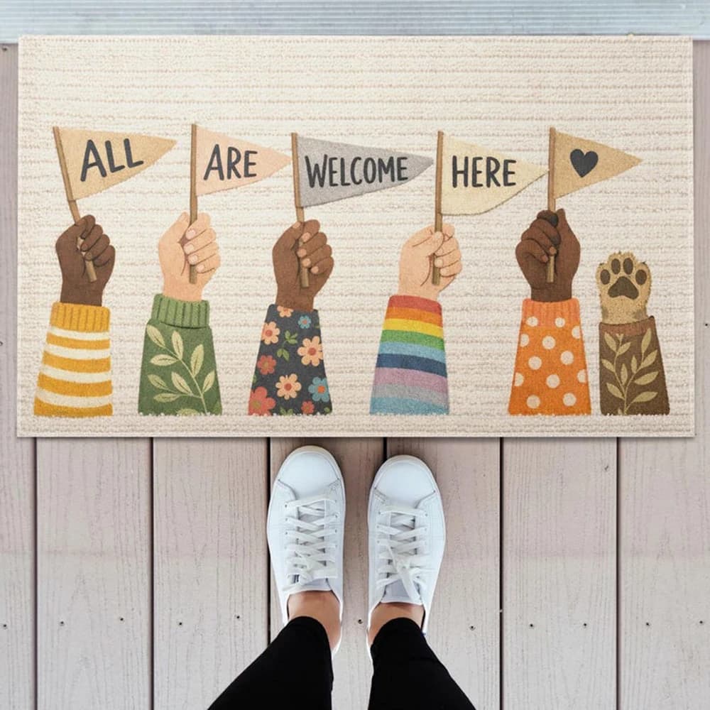 All Are Welcome Here Doormat Inclusive Vibrant Rainbow Front Welcome Door Mat Housewarming Gift Colorful Cute Non Slip Rug