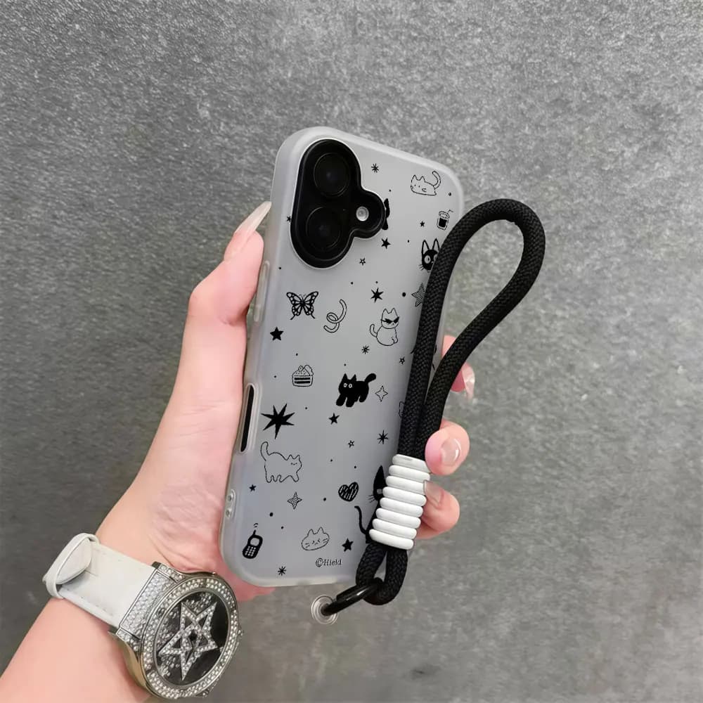 Cat Star Butterfly Bow Lanyard Phone Case For iPhone 17 16 12 14 11 15 13 Pro Max Air X XS 16 15 14 8 Plus XR Wrist Strap Cover
