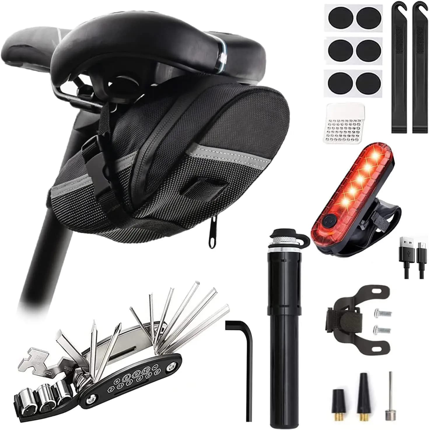 16-in-1 Bike Repair Tool Kit with Mini Pump, Saddle Bag, Tail Light, Tire Repair for Road MTB E-Bikes, Large Capacity Set