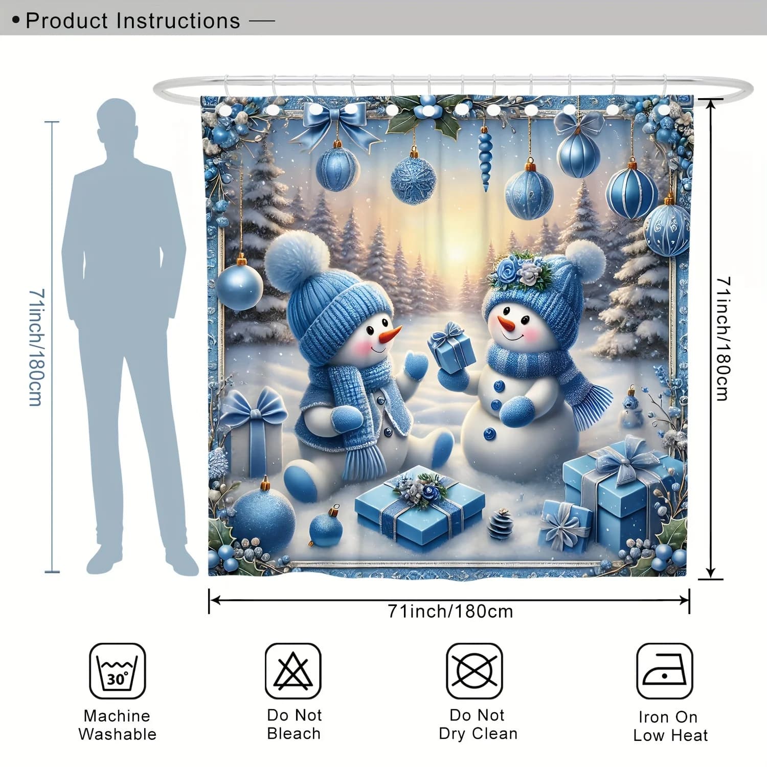 Set tenda da doccia invernale natalizia - Pupazzo di neve e palla di Natale regalo carino blu, poliestere lavabile per il bagno delle vacanze di Natale De
