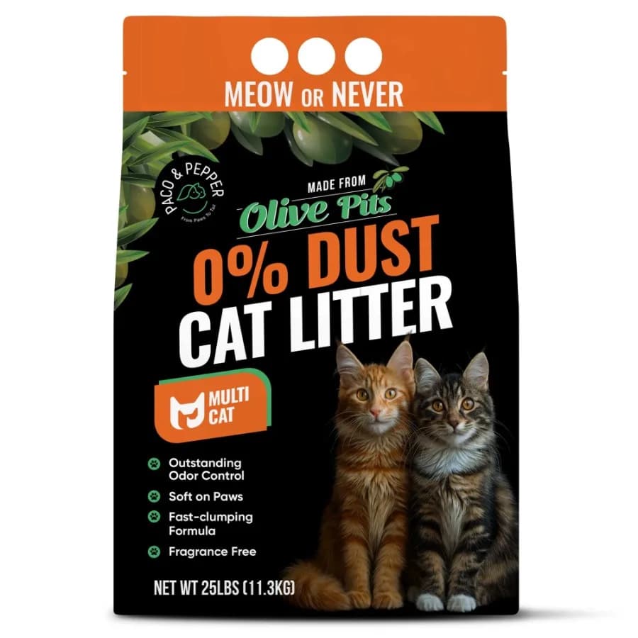 Lettiera per gatti multicat in formula agglomerante, naturale, inodore, senza polvere, realizzata con noccioli di oliva, per uso domestico, con controllo superiore degli odori e