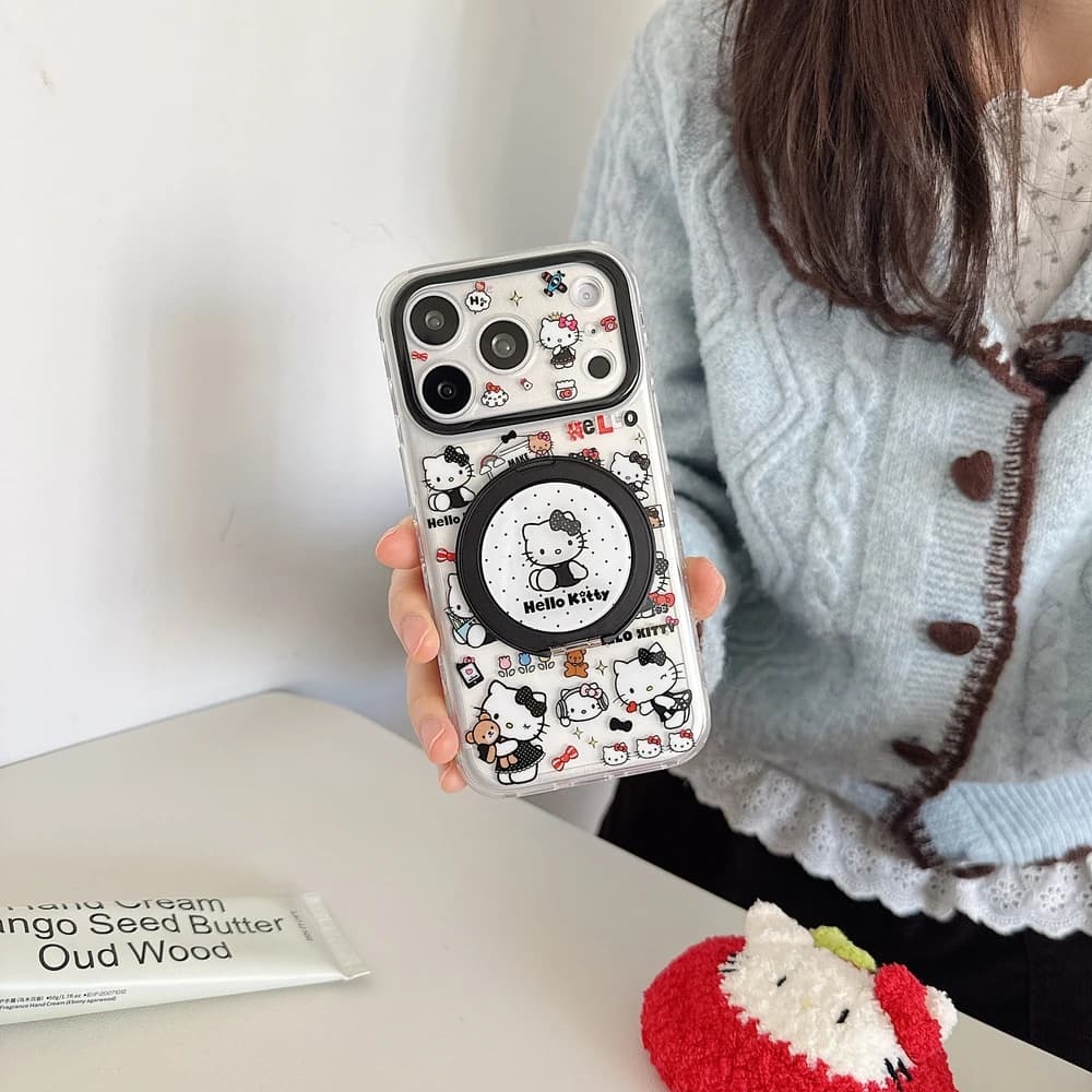 Nice Carton Animated Sanrio Hello Kitty 360 ° Case for iPhone 17 16 15 14 Pro Max with Metal Hidden Swivel Ring
