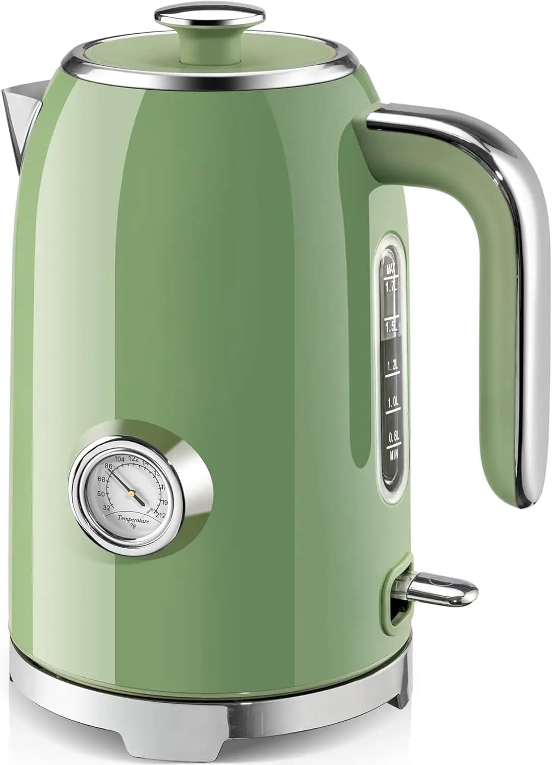 Home Use Stainless Steel Retro Green Electric Kettle, Thermometer, 1500W Fast Heating, Auto Shut-Off & Boil Dry Protection