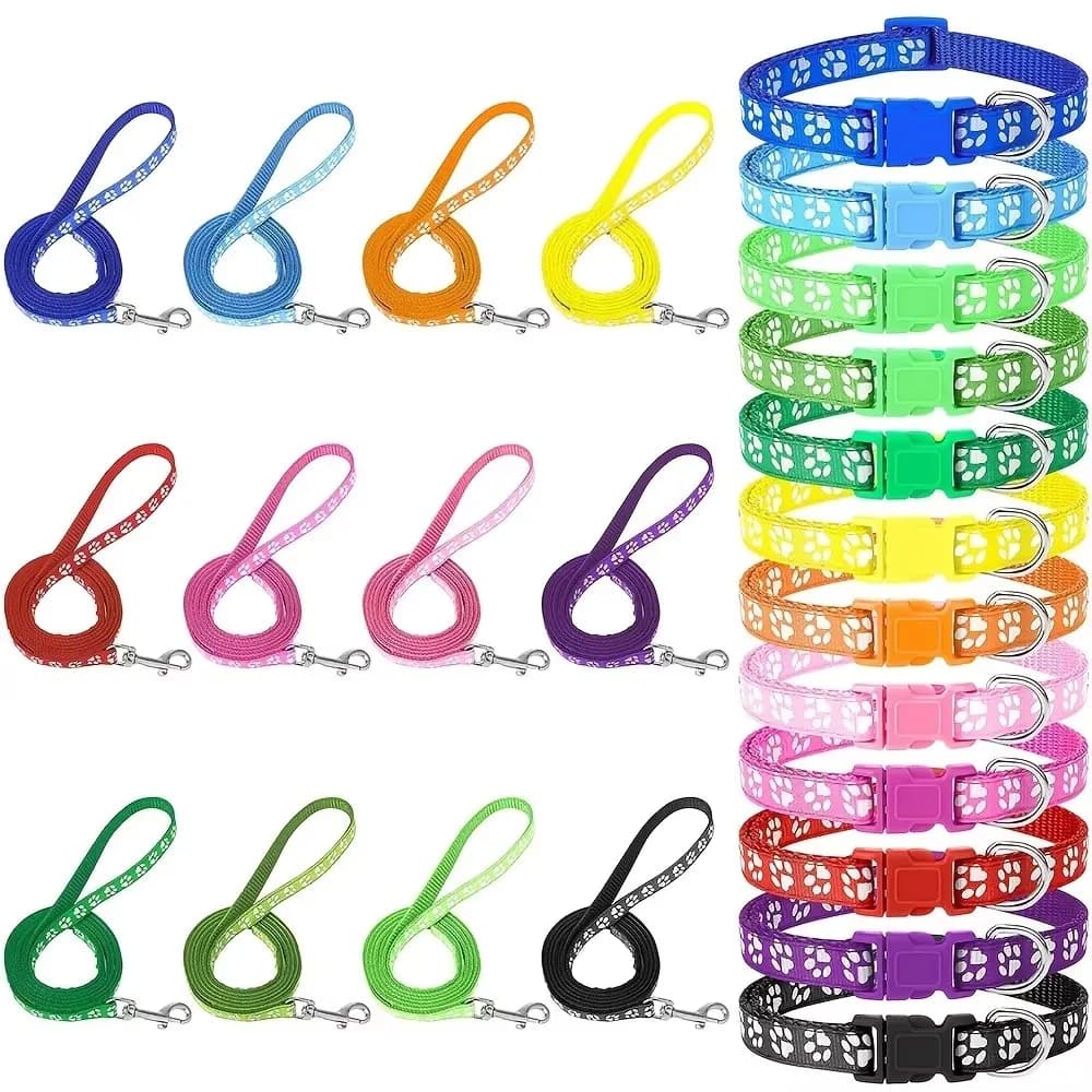 12-Pack Adjustable Nylon Dog Leash And Collar Set with Quick Release for Puppies Small Breeds Puppy Footprint Collar Soft Pet Le