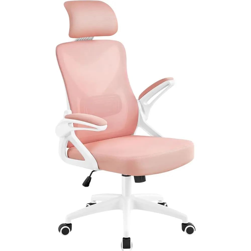 Sedia da Ufficio Ergonomica con Schienale Alto in Rete, Braccioli Ribaltabili, Supporto Lombare Regolabile per Scrivania o Gaming, Bianco/Rosa