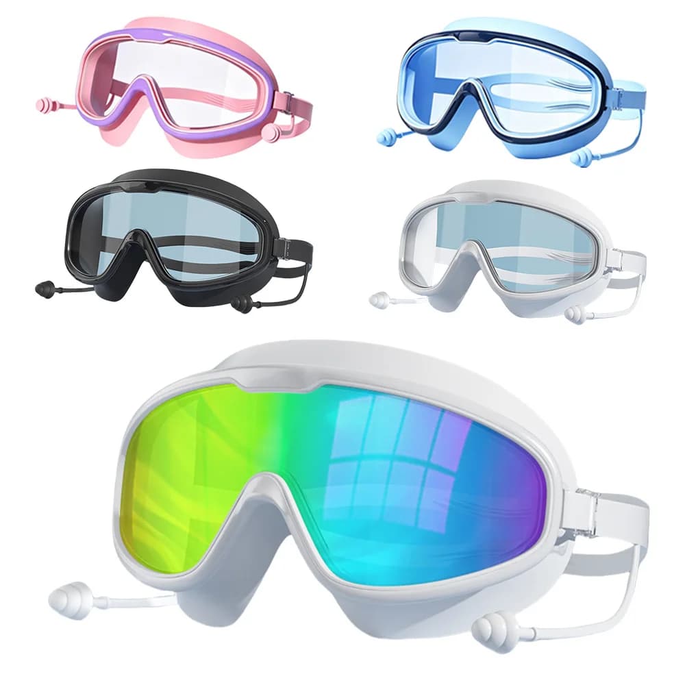 Large Frame Swim Goggles with Built‑in Earplugs for Adults & Kids Soft Silicone Seal Black White Pink Blue Surfing Pool Party