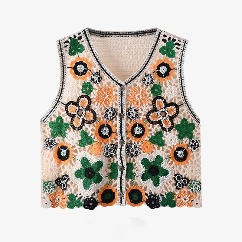 Gilet da donna all'uncinetto Daisy, maglione lavorato a maglia aperto, senza maniche, abbottonato, top estivo, per adolescenti, boho, per le vacanze