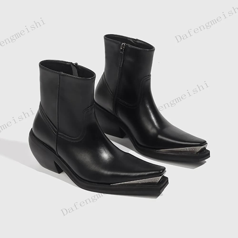 Metal Pointed Toe Western Cowboy Ankle Boots Side Zipper Chunky Heel Black Soft Leather Fashion Punk Party Women Chelsea Boots