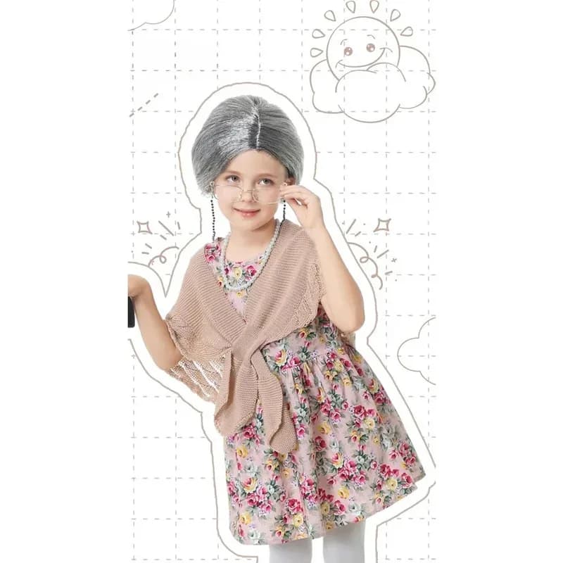 Costume da vecchia signora per ragazze 100° giorno della scuola Fantasia con occhiali da nonna Collana Parrucca Capelli grigi w;3'f,6;t.8'