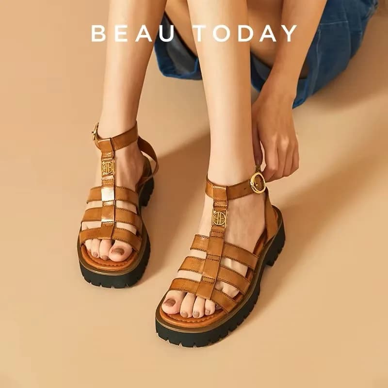 BeauToday Sandali Gladiatore Donna Vera Pelle Punta Rotonda Caviglia Fibbia in Metallo Piattaforma Scarpe da Donna Estive Fatte a Mano 38215
