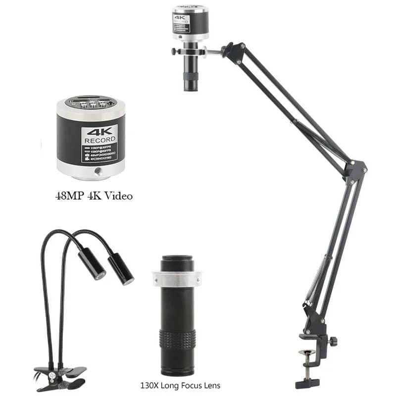 48MP 4K 1080P Digitale HDMI Tipo-C Microscopio Fotocamera Set 1-130x Obiettivo LED A Collo di Cigno Staffa Pieghevole Per Il Telefono PCB di Saldatura