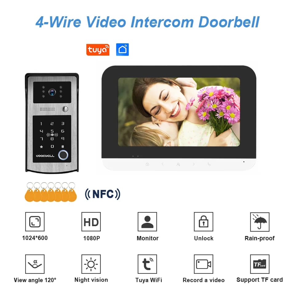 Videocitofono Wi-Fi da 7 Pollici con Telecamera, Sistema Tuya Smart Home, Sblocco Opzionale tramite Carta ID/Password/NFC