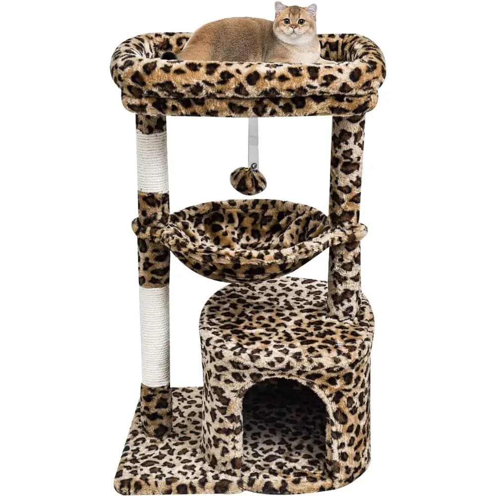 Tiragraffi Compatto con Stampa Leopardata, Postazione Imbottita e Culla per Gattini