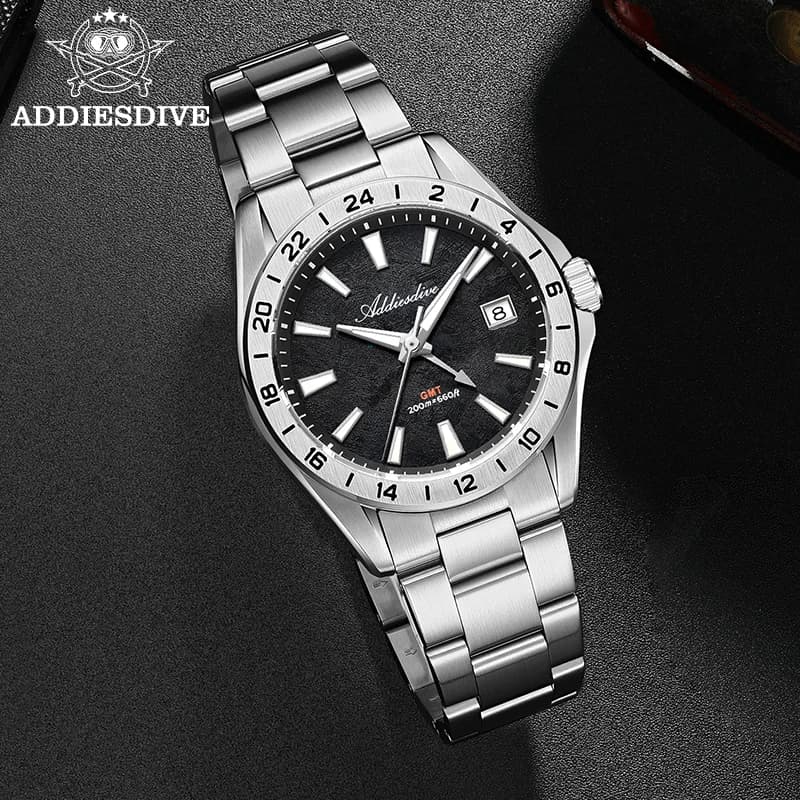 ADDIESDIVE Elegante orologio da uomo d'affari 38mm Orologi svizzeri al quarzo con doppio fuso orario Orologi GMT impermeabili in acciaio inossidabile da 200 m luminosi