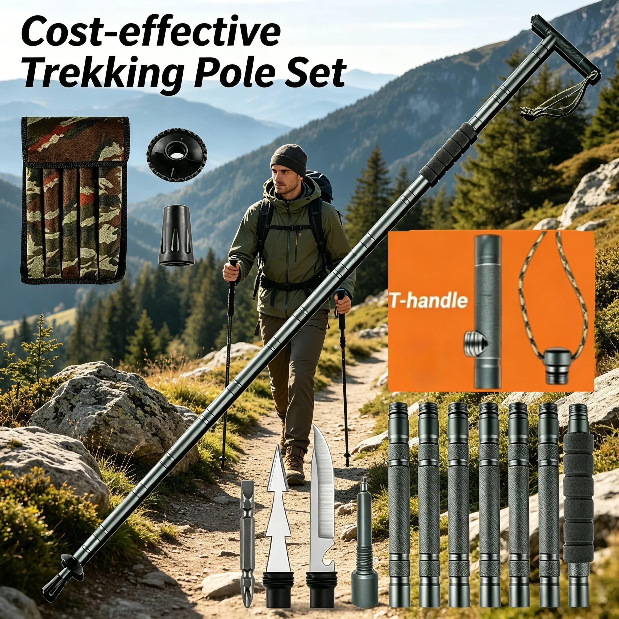 Bastone da Trekking Pieghevole in Lega di Alluminio Resistente con Impugnatura Antiscivolo Multifunzione per Escursionismo e Campeggio