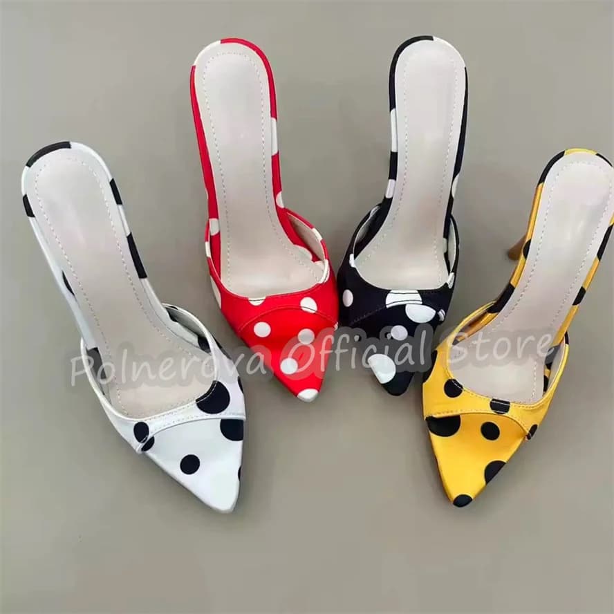 Fashion Mixed Color Polka Dot One-Strap Women Slippers Pointed Toe Stiletto High Heel Slingback Pumps Lady Party Dress Sandals