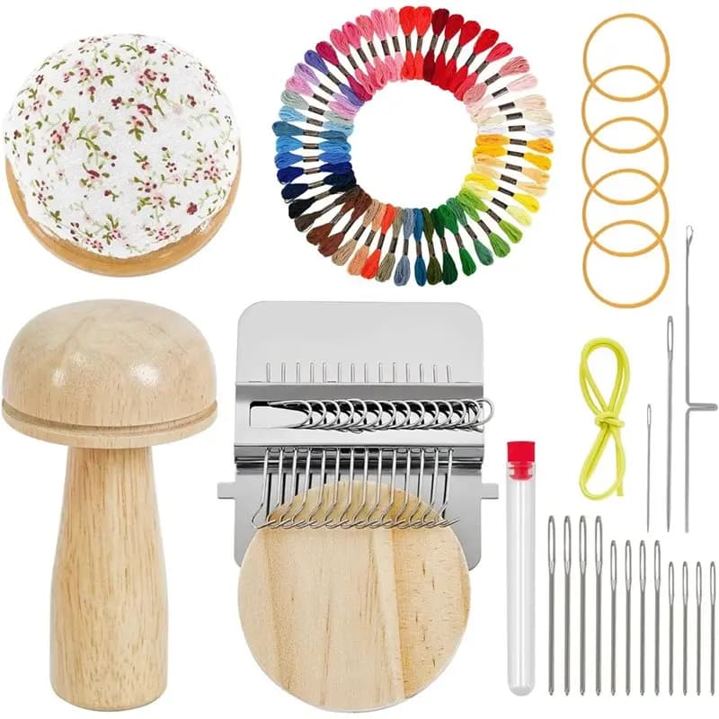 Darning Repair Tool Kit-Mini Darning Loom, Mushroom Knit Patch With Weaving Needles Threads For Handcraft DIY Projects