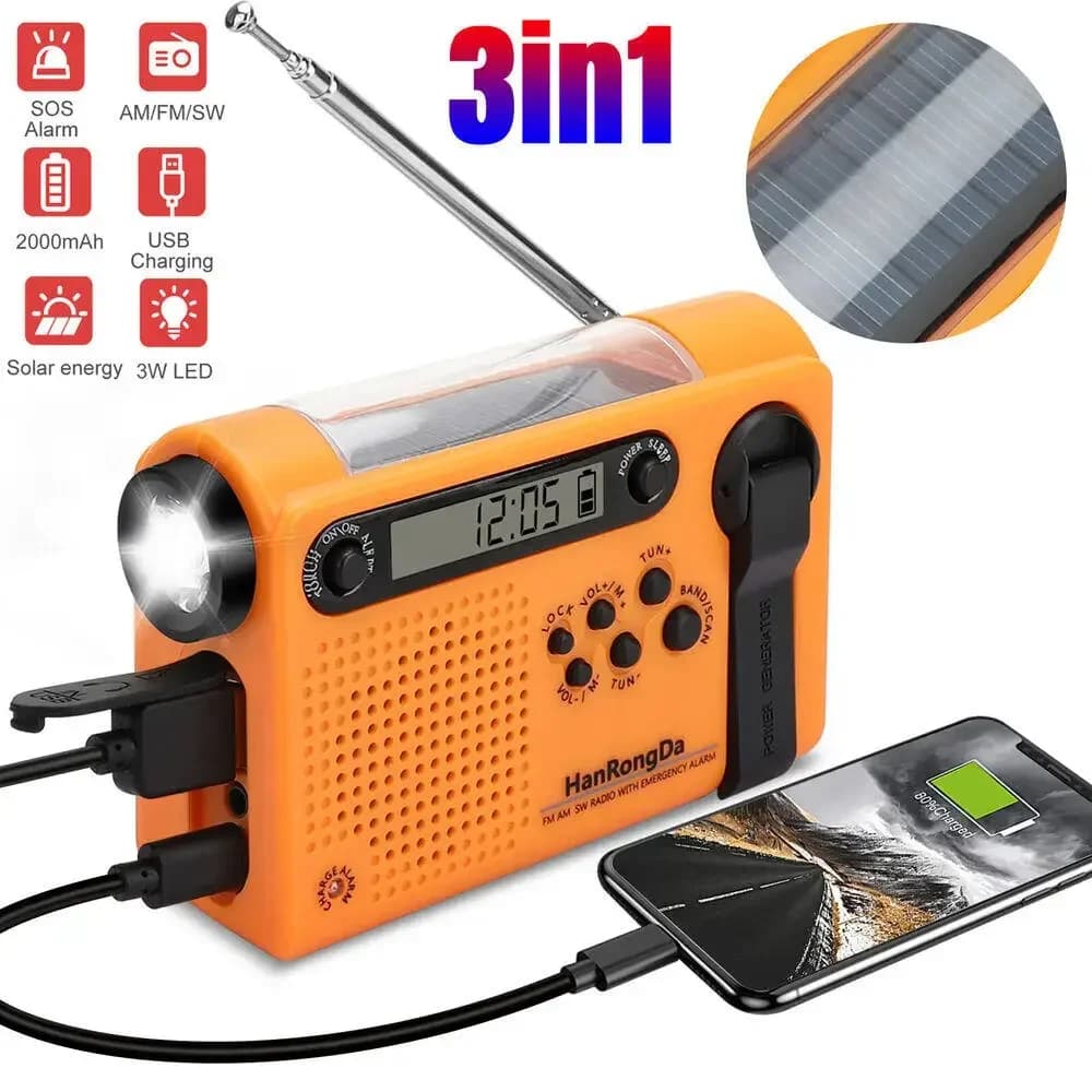 Radio meteorologiche AM/FM/SW portatili Radio solare a manovella 3 in 1 2000mAh Power Bank Caricatore del telefono Torcia elettrica Radio di emergenza