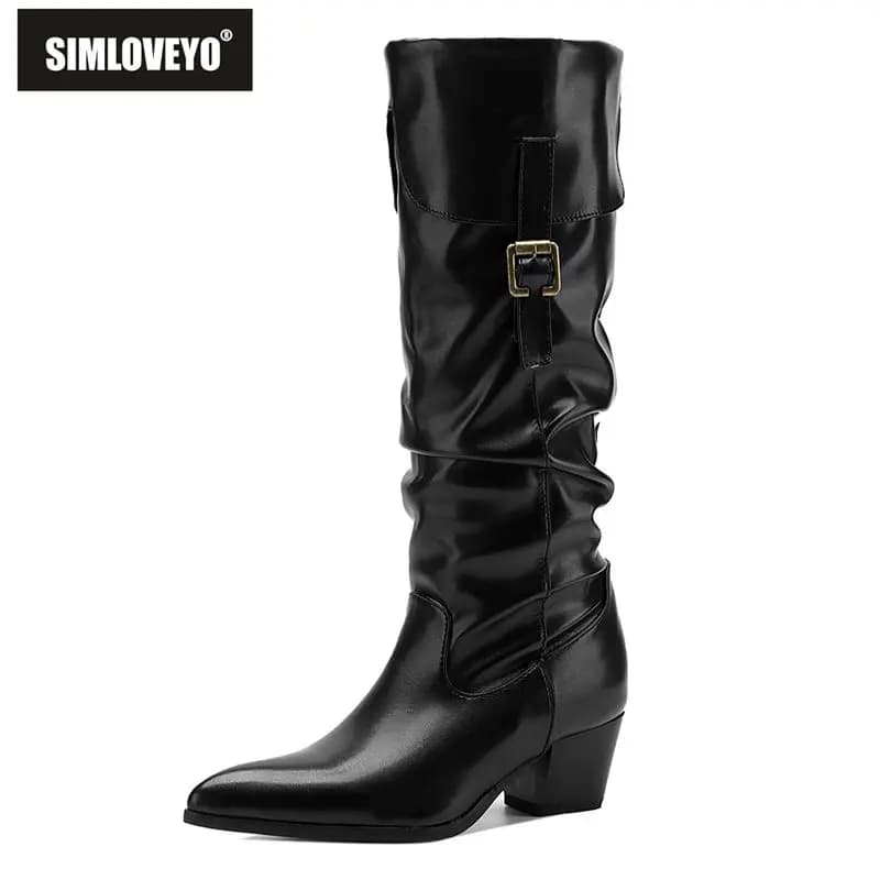 SIMLOVEYO Red Women Knee High Boots Pointed Toe 5.5cm Block Heel Slip On Belt Buckle Plus Size 41 42 43 44 Fashion Dating Botas