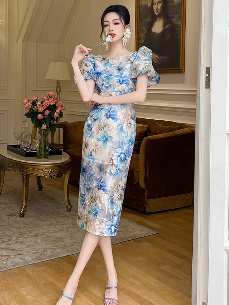 Abiti da Donna Eleganti Stile Palazzo, Vestiti da Festa con Maniche a Sbuffo Blu Floreale, Abito Midi Femminile per Appuntamenti e Feste
