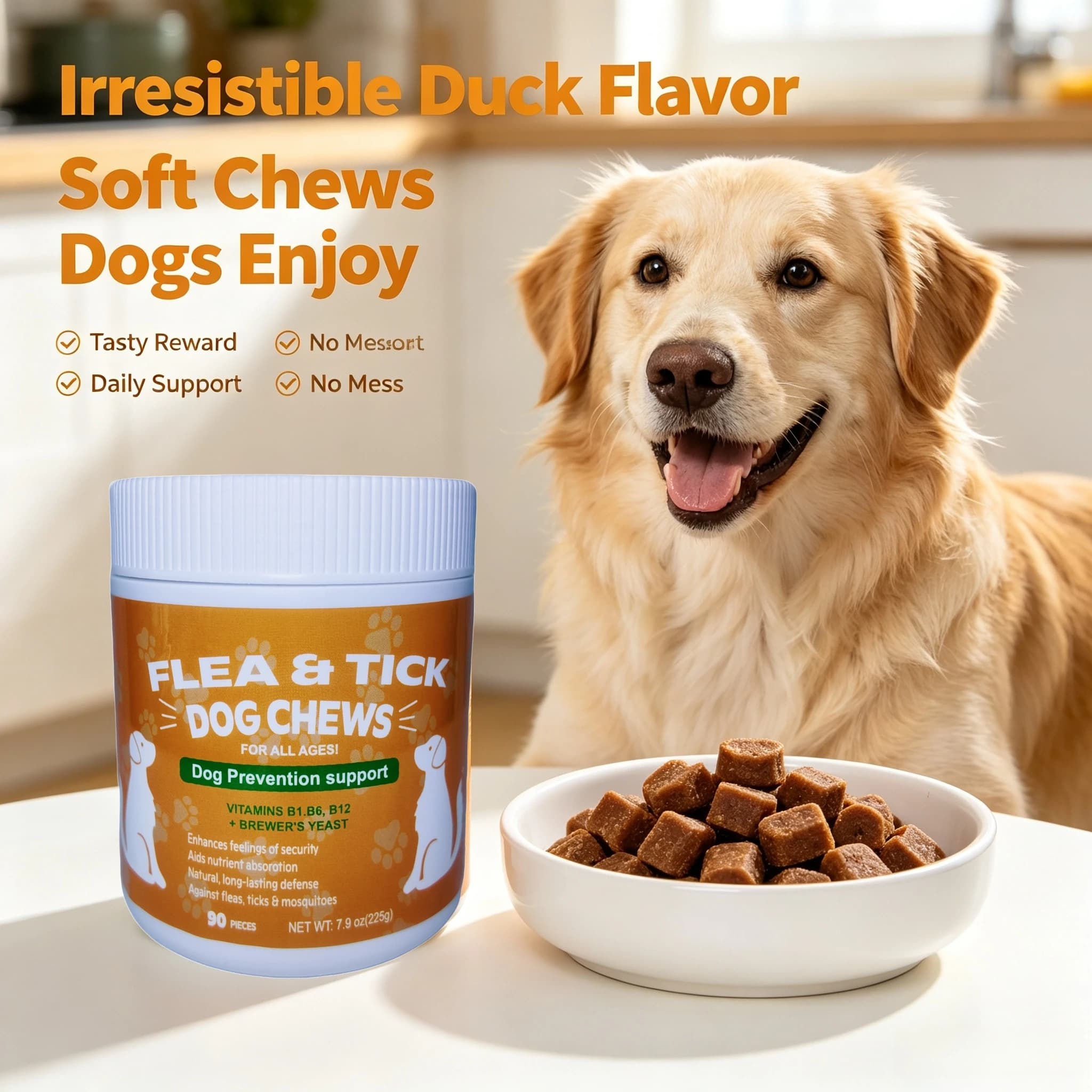 Dog Flea & Tick Prevention Support Chews 120pcs Brewer's Yeast Vitamin B1 B6 B12 Natural Daily Protection Supplement for All Age