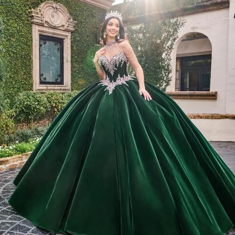 Personalizzato nylon verde nerastro scollo a V con spalle scoperte strass Quinceanera applique abiti da 15 Quinceanera