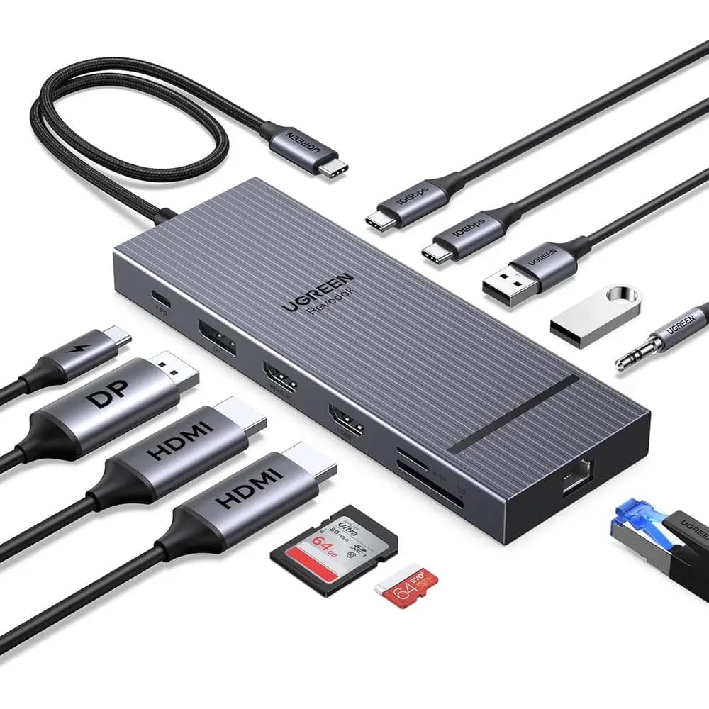 12-Port Docking Station: Triple 4K, 2 HDMI, DP, 2x USB-C 10Gbps, 2x USB-A, 100W PD, SD/T 3.0, Gigabit Ethernet, Audio Jack