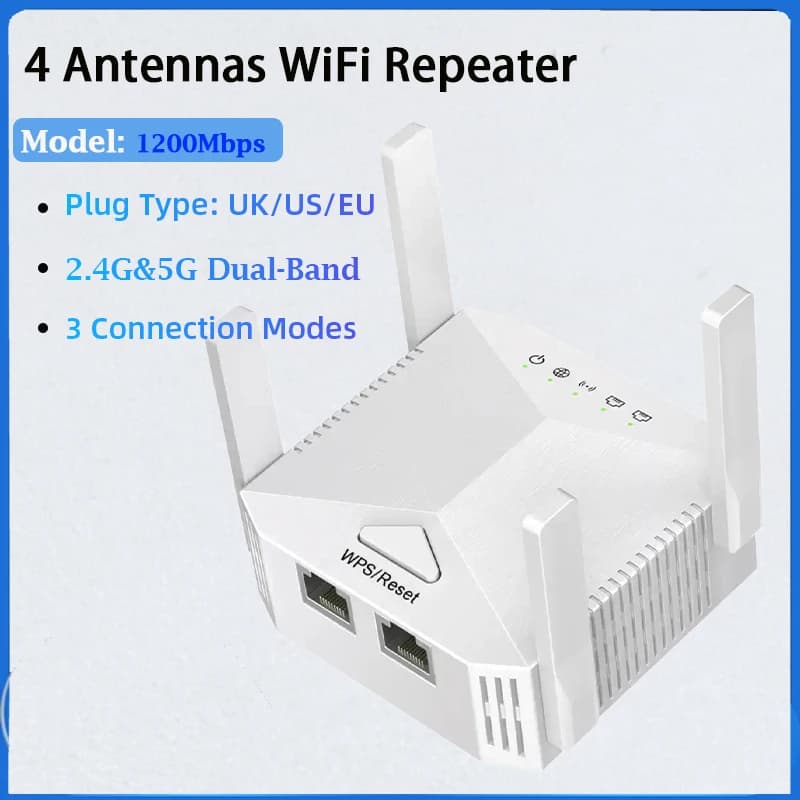 4 Antenna 1200Mbps Wireless WiFi Repeater 2.4G&5G Signal Router 802.11N Long Range Wireless WiFi Extender Amplifier WIFI Booster