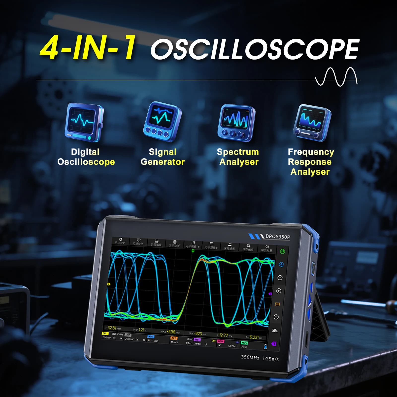 Oscilloscopio Digitale da 7 Pollici 350MHz 2CH, Generatore di Segnali, Analizzatore di Spettro, Oscilloscopio Portatile con Touchscreen IPS, Riparazione Elettronica
