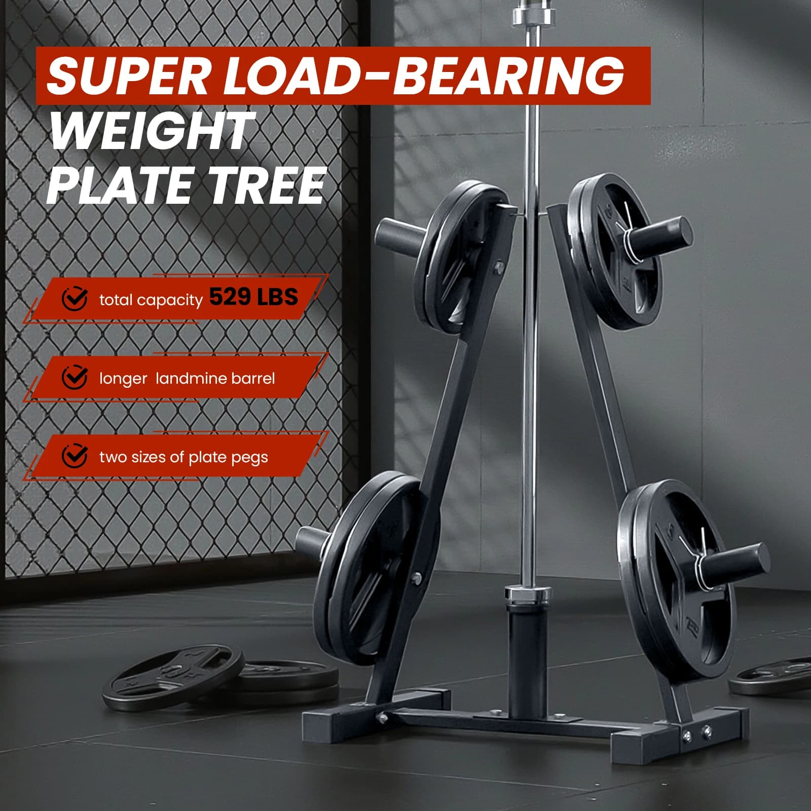 KERDOM Heavy Duty Barbell Plate Rack 529lbs Capacity, Dumbbell Plate Weight Holder for Standard 1" & 2 inch Weight Plate Pegs, Barbell Tree, Home Gym Plate Storage Rack Plate Organizer Weight Plates Rack Weight Tree for Plates, Non-Slip Rubber Caps