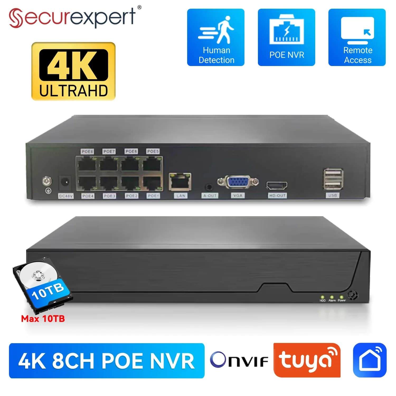 Securexpert Tuya Smart Onvif 8CH 4K H.265 Videorveglianza NVR Registratore Rilevazione movimento Registratore per telecamera IP POE Sistema CCTV