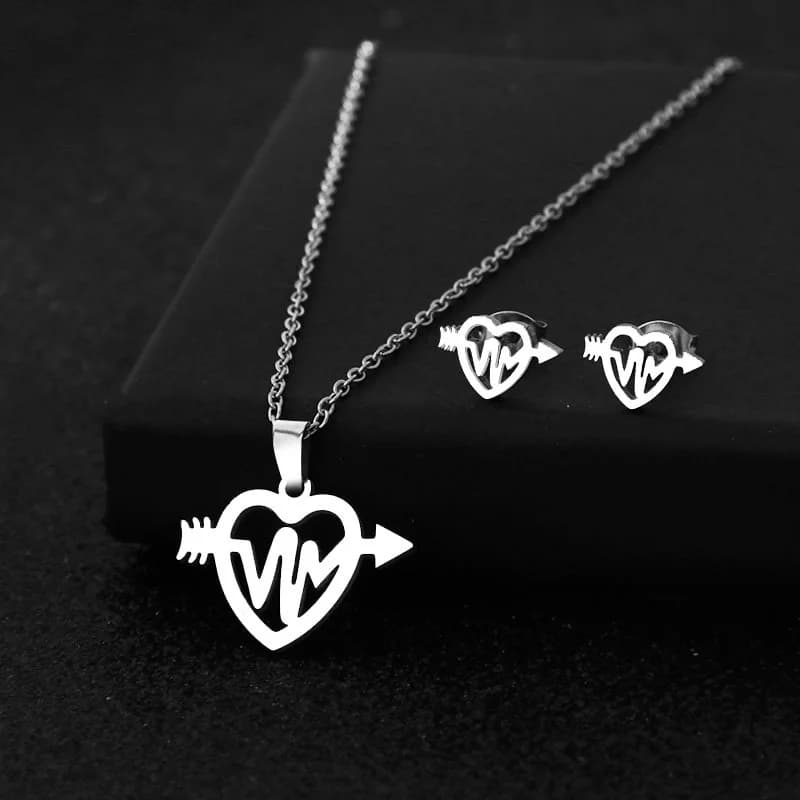 Heartbeat & Arrow Through Heart Jewelry Set, Necklace & Stud Earrings for Women, Romantic Minimalist Daily Wear Fashion Jewelry