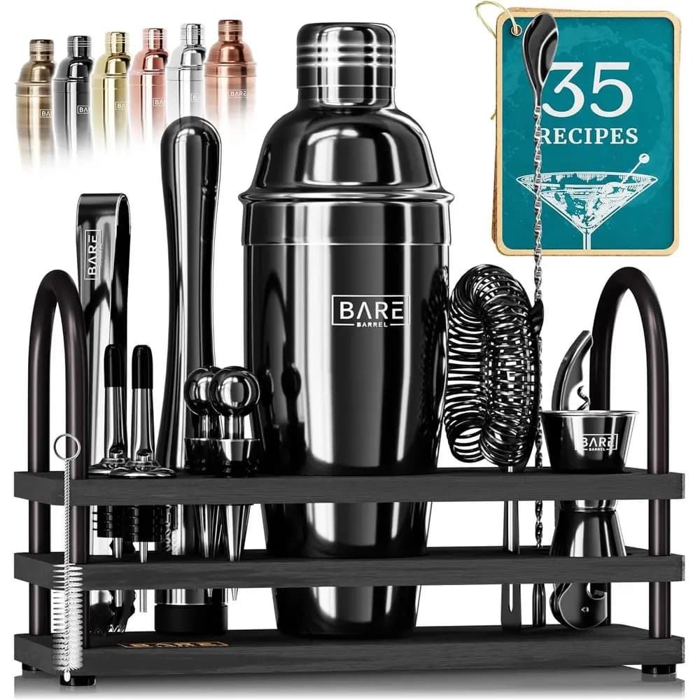 Set da Cocktail 14 Pezzi con 35 Ricette | Kit per Barman Domestico | Shaker Cobbler da 24oz | Strumenti per Miscelazione Nero Intenso