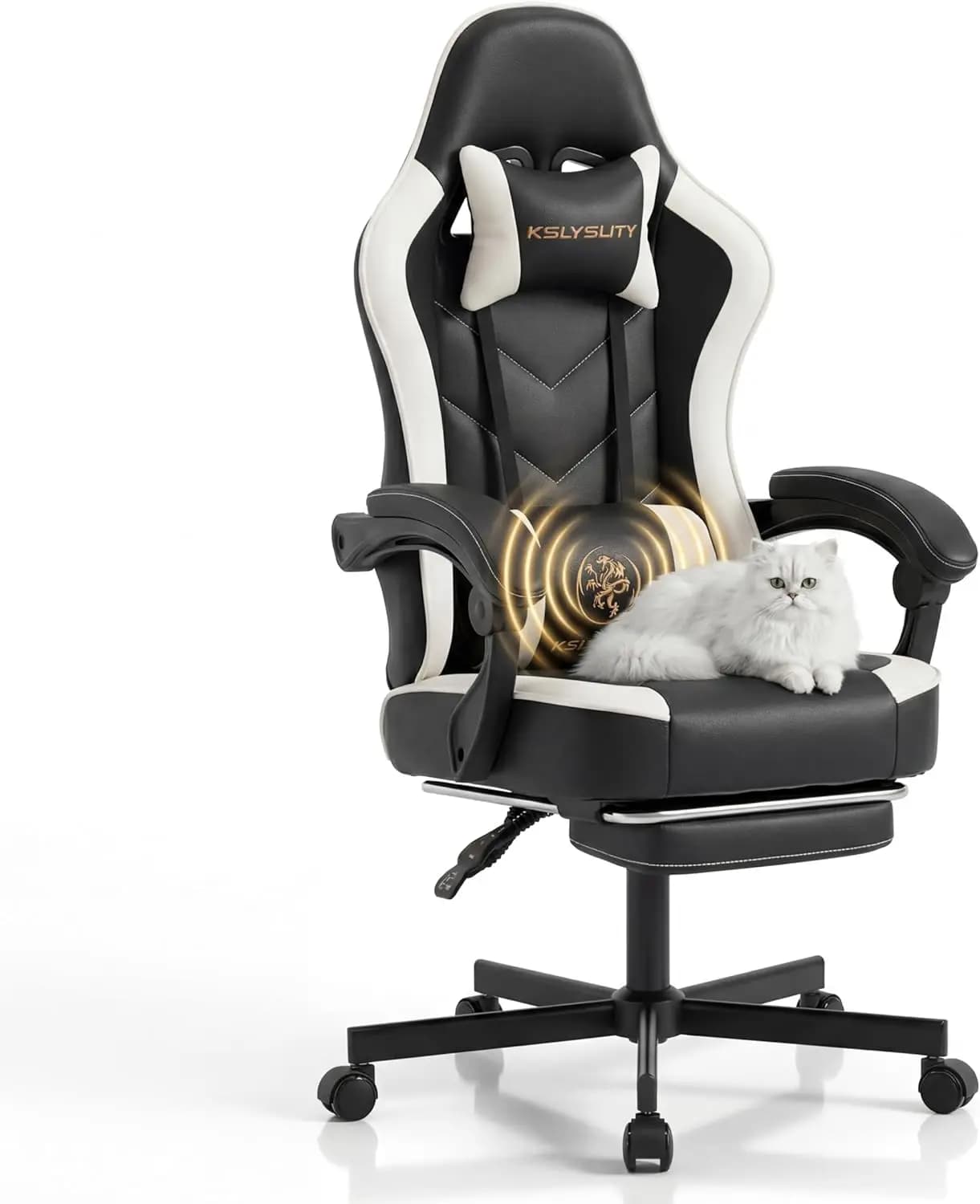 Sedia da Ufficio Ergonomica con Schienale Alto e Poggiapiedi, Supporto Lombare, Massaggio, Cuscino a Molle Insacchettate, in Pelle Bianca