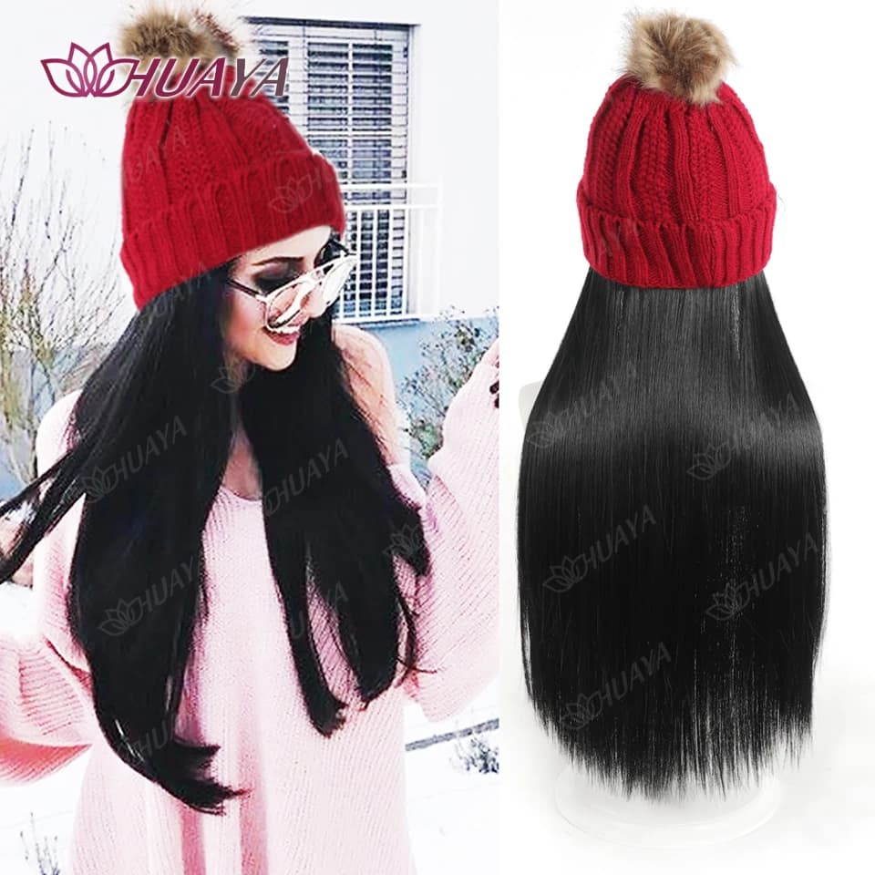 Parrucca per cappello sintetico Parrucche lunghe diritte Cappello lavorato a maglia Caldo morbido lavorato a maglia Moda Marrone Autunno Inverno Berretto Parrucca per capelli Estensioni dei capelli
