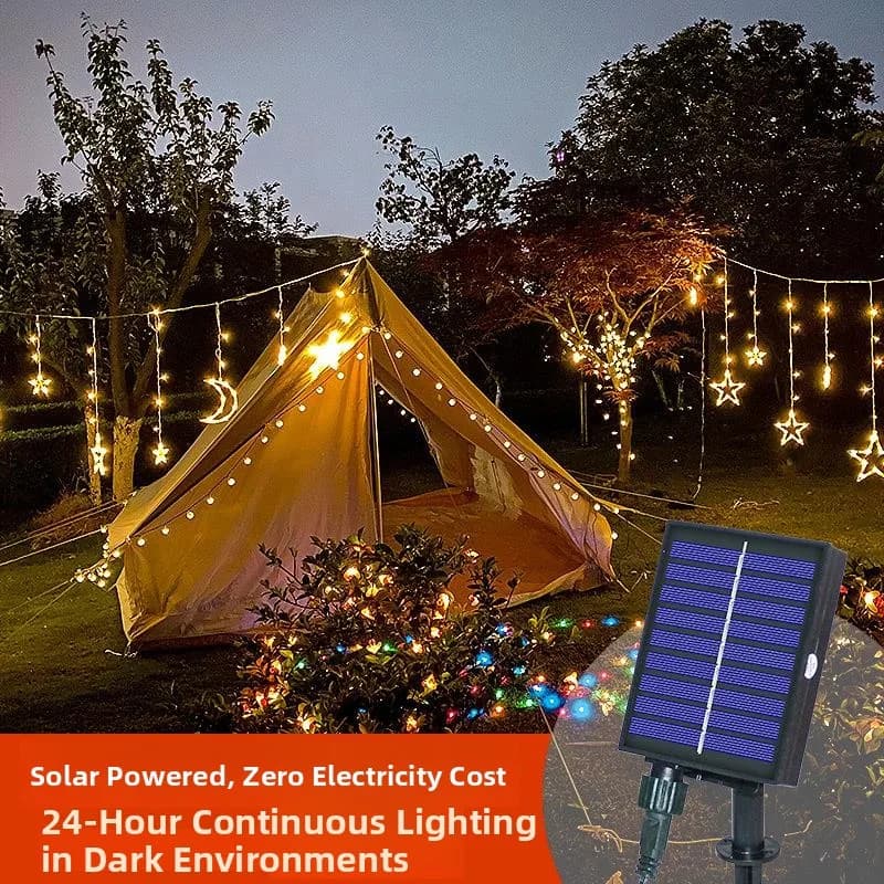 Luci a stringa solari per esterni, illuminazione per recinzioni e cortili, luci decorative natalizie, tende luminose a forma di stelle e luna