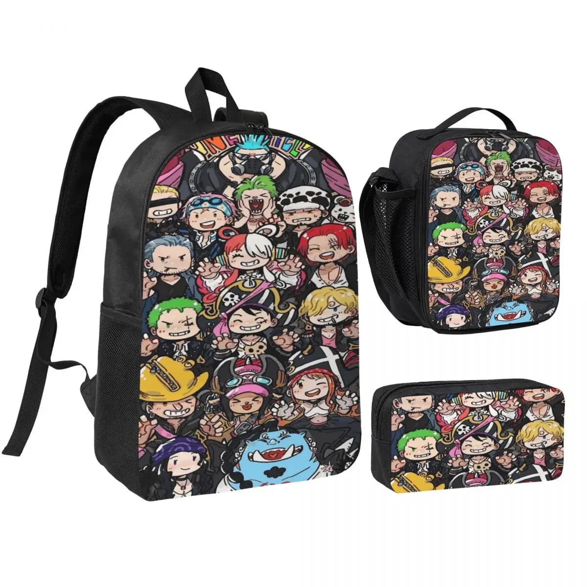 Set di 3 zaini Luffy One Piece per ragazze e ragazzi, con astuccio, borsa per libri e borsa termica per il pranzo, per studenti.