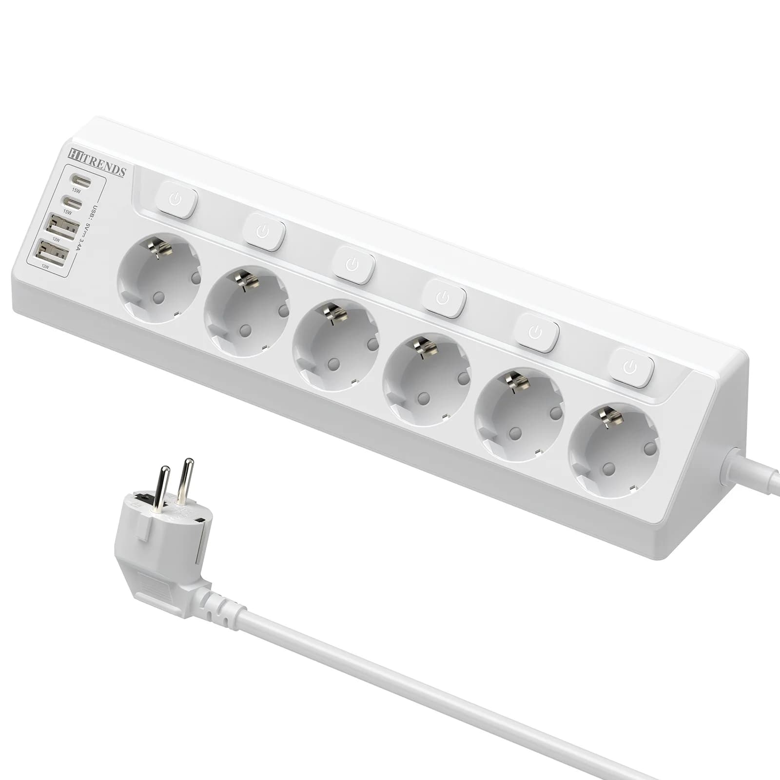 Corner socket with 2 USB and 2 type C, 6-way multiple socket with single switch, 2 m extension cable for desk,