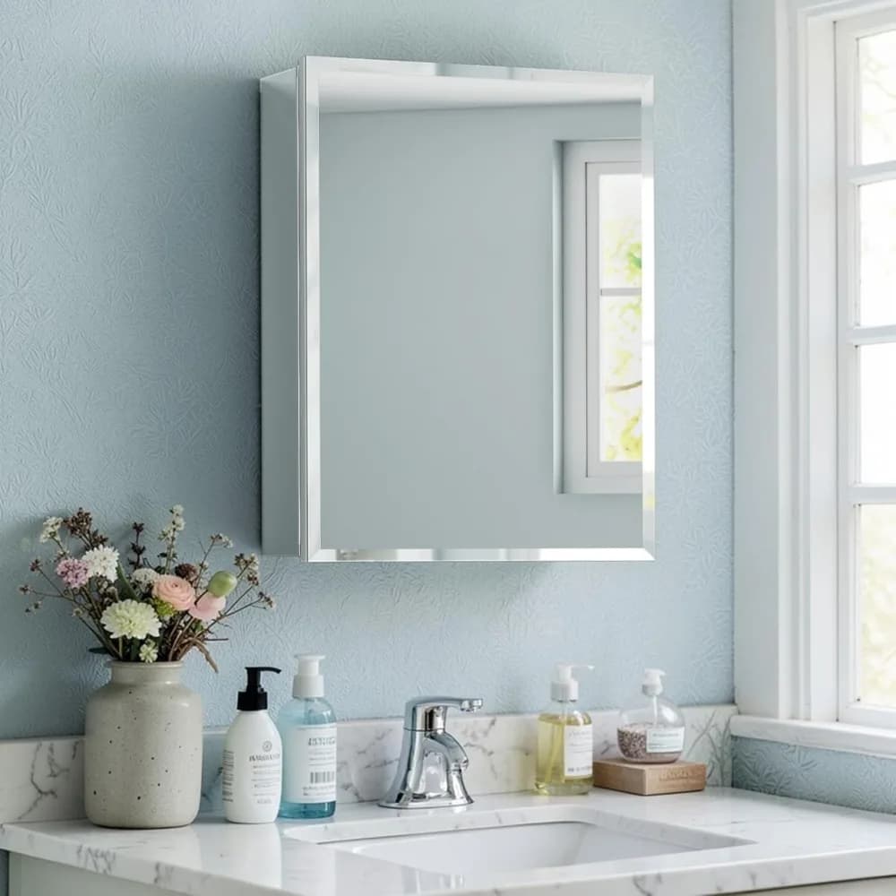 Grande Armadietto da Bagno con Specchio Smussato, Incassato o a Parete, Cornice in Alluminio, Ripiano in Vetro Regolabile