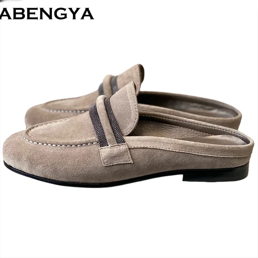 Summer Suede Leather Half Flat Slippers Women Loafers String Bead Outdoor Slides Leisure Holiday Beach Shoes For Woman Slippers