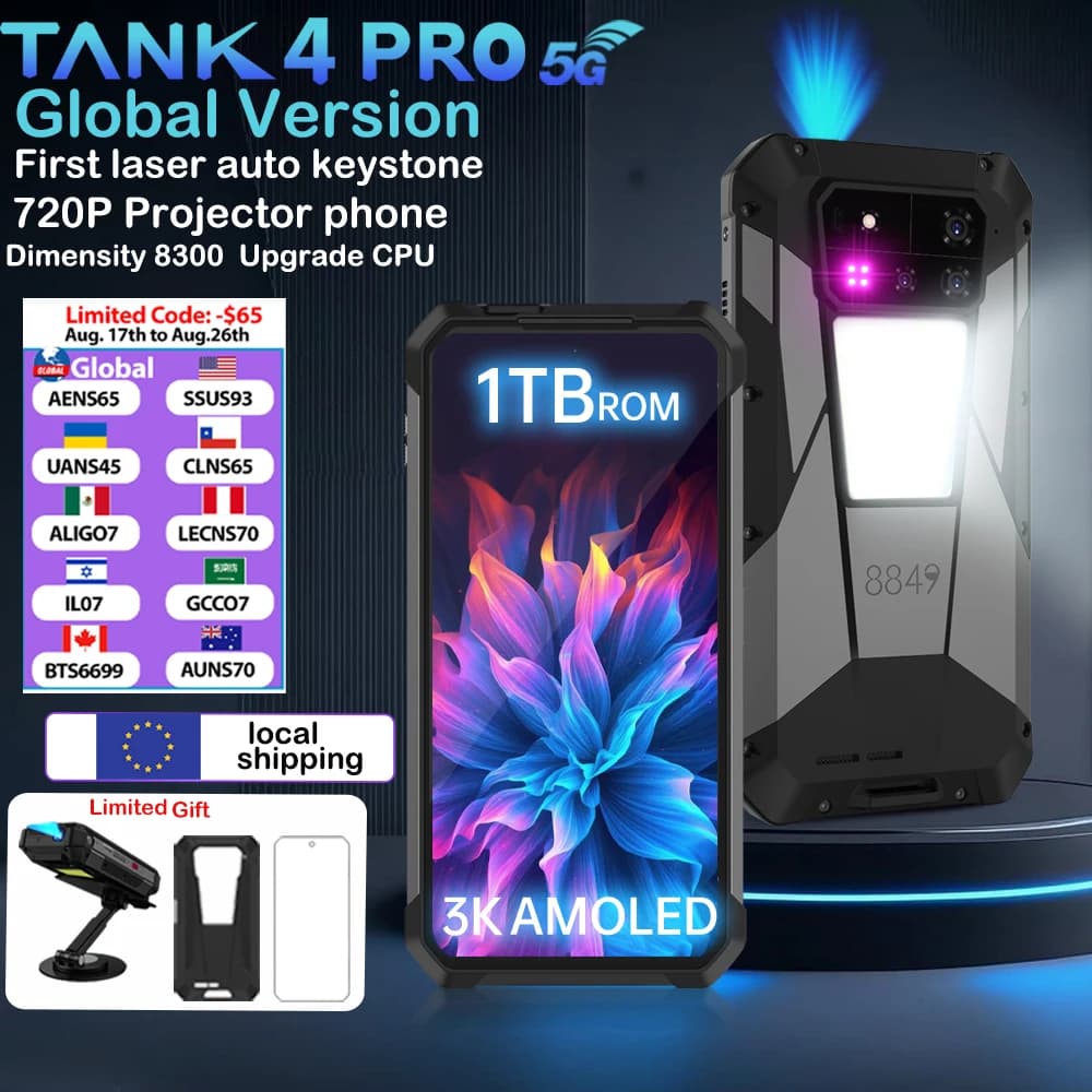 8849 Tank 4 Pro Unihertz 5G Rugged Projector Smartphone 36G 1TB Android 14 Sports Phone 11600mAh Dimensity8300 AMOLED 120HZ