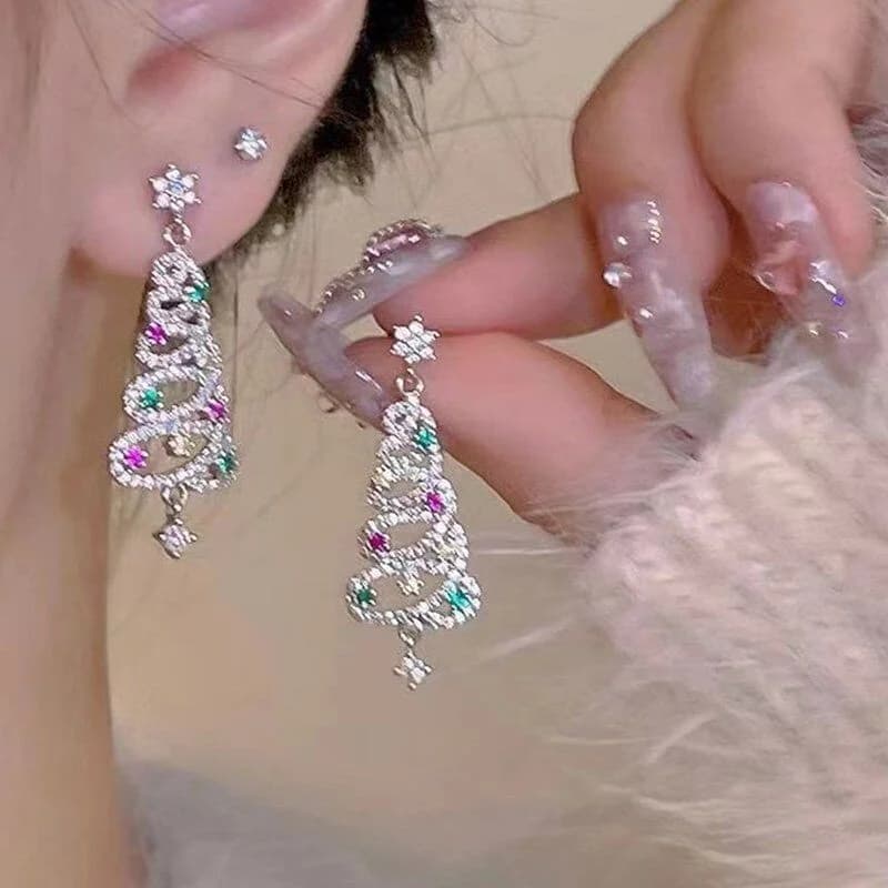 Fashion Christmas Tree Zircon Crystal Star Silver Color Earrings Stud Dangle Xmas Jewelry Women Party Gift Hot Sale 2025