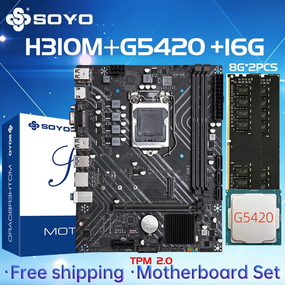 SOYO H310M DDR3 Motherboard Kit Xeon G5420 CPU 16GB=(8G*2) RAM Intel LGA1151 TPM2.0 Office Desktop PCIE3.0*16 HDMI VGA USB3.0